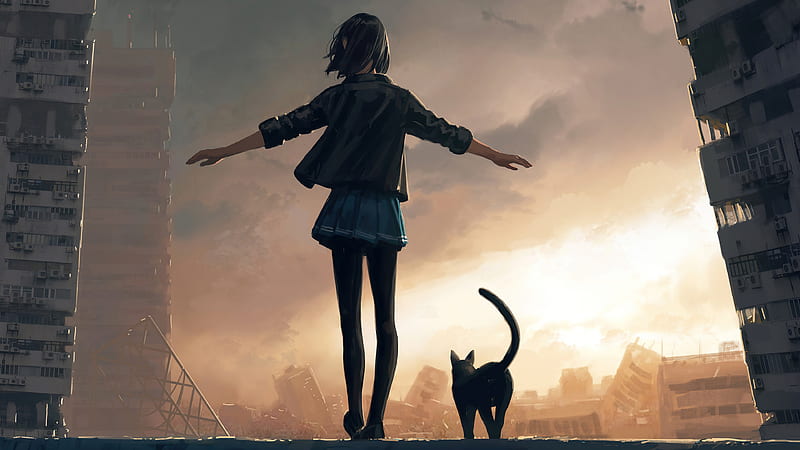Girl Walking With Cat On Roof Wall, girl, cat, artist, artwork,  digital-art, HD wallpaper | Peakpx