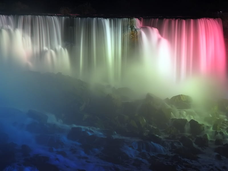 Niagara Falls at Night, rocks, niagara falls, spotlights, ice, colors, winter, mist, HD wallpaper