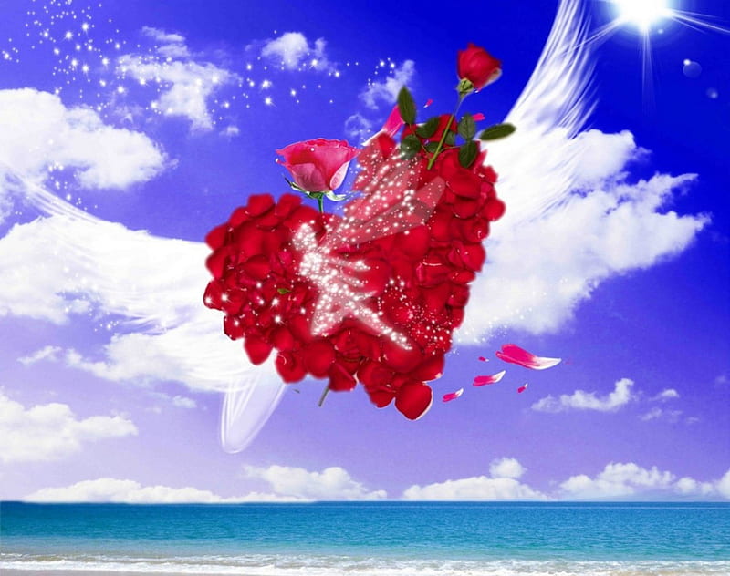 Red heart, red, beach, heart, clouds, sky, HD wallpaper