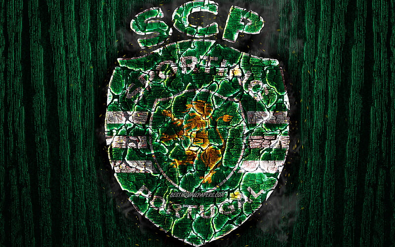 Sporting CP, scorched logo, Primeira Liga, green wooden background, portuguese football club, Sporting FC, grunge, football, soccer, Sporting logo, fire texture, Portugal, HD wallpaper