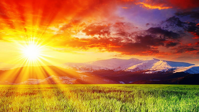 Magnificent sun rays, sun, rays, grass, mountains, clouds, meadow, HD ...