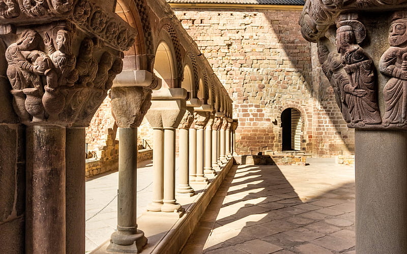 Royal Monastery of San Juan de la Pena, ancient columns, religious complex, Huesca province, Spain, HD wallpaper