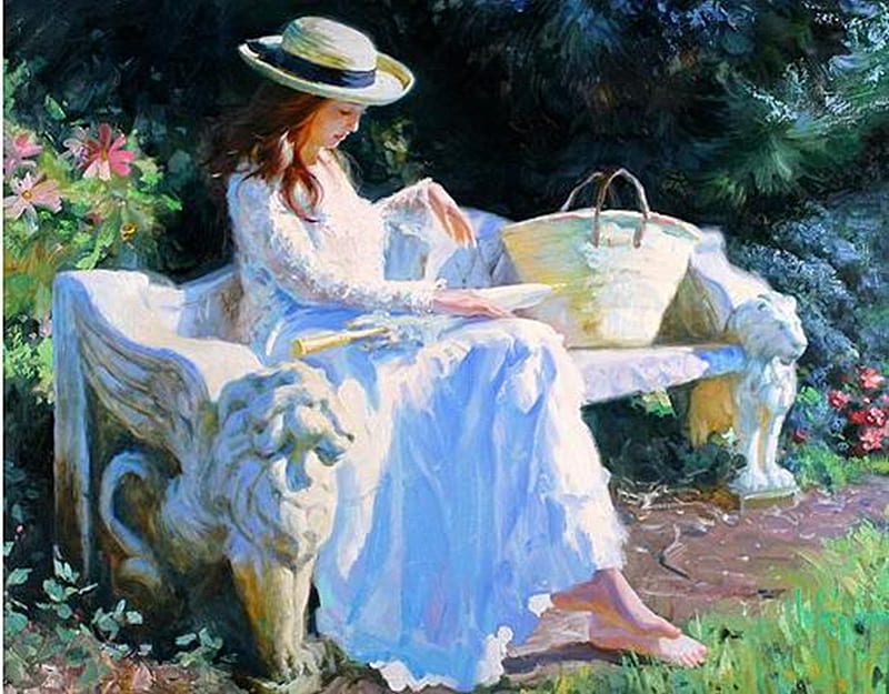 relax in the garden, hats, books, bench, bonito, oils, woman, artwork, paintings, flowers, garden, HD wallpaper