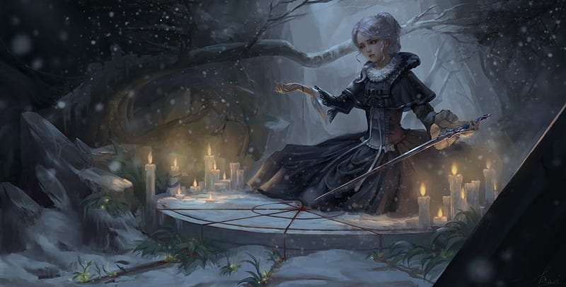 Ritual, candle, forest, witch, art, fantasy, girl, luminos, haoci huang, dark, HD wallpaper