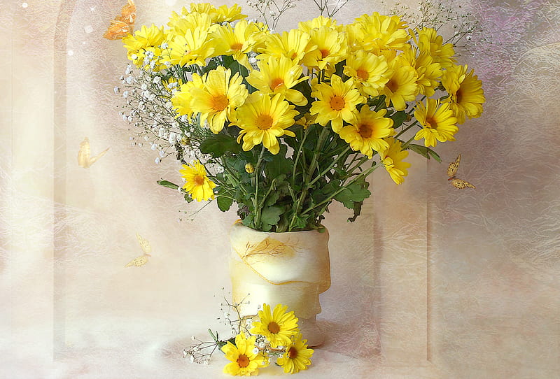 still life, pretty, chrysanthemum, yellow, vase, bonito, gently, graphy, nice, butterfly, flowers, beauty, harmony, lovely, soft, delicate, elegantly, cool, bouquet, flower, chrysanthemums, HD wallpaper