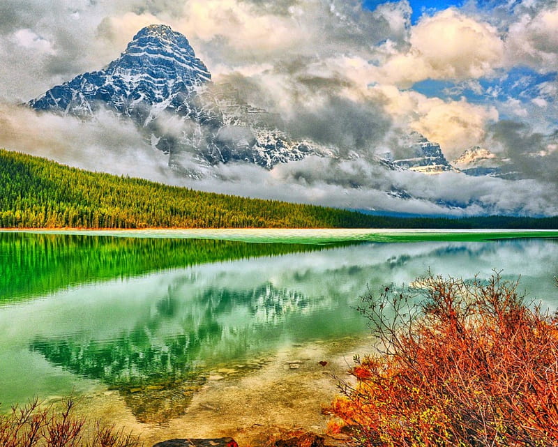 Waterfowl Lake, Banff NP, forest, lakes, colors, bonito, clouds, Canada, mountains, reflection, snowy peaks, HD wallpaper