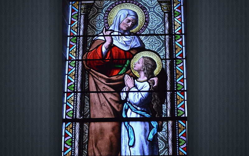 Mary with Mother Anna, girl, Mary, stained glass, saints, Anna, mother, HD wallpaper