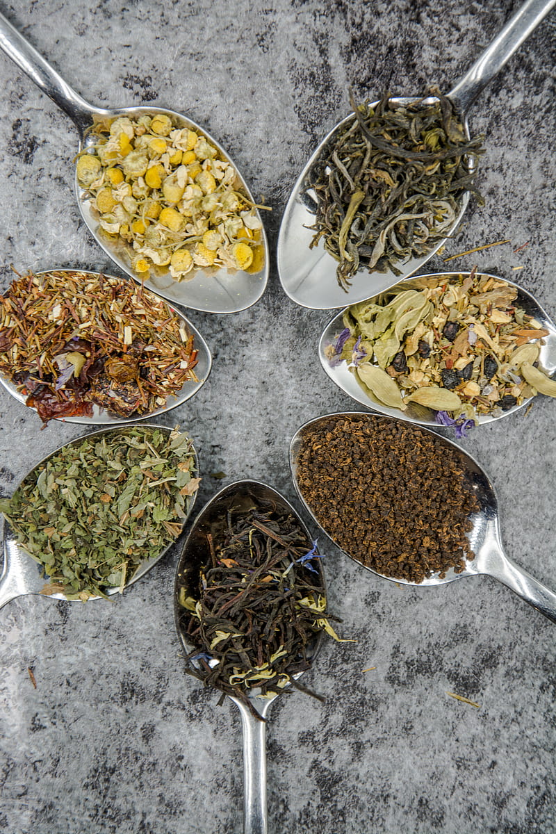 seven different spices and herbs on gray stainless steel spoons, HD phone wallpaper