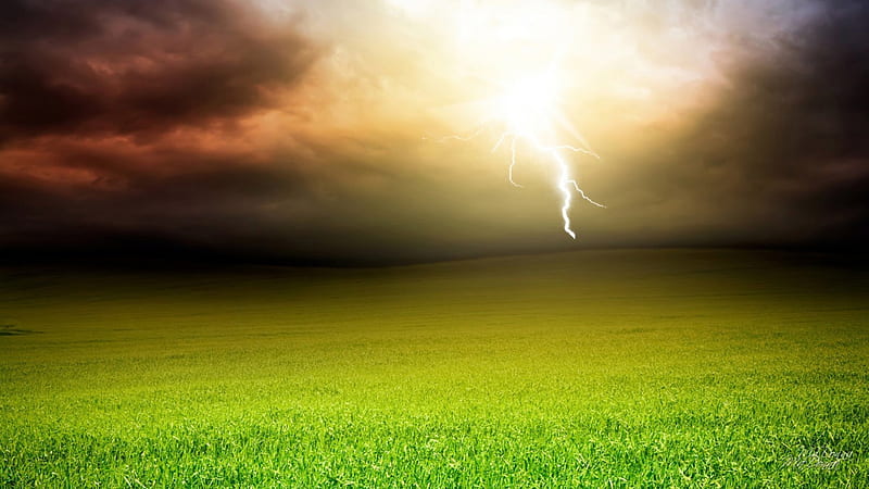 Storm Brewing, grass, thunder, electric, sky, clouds, storm, stormy, lightning, field, HD wallpaper