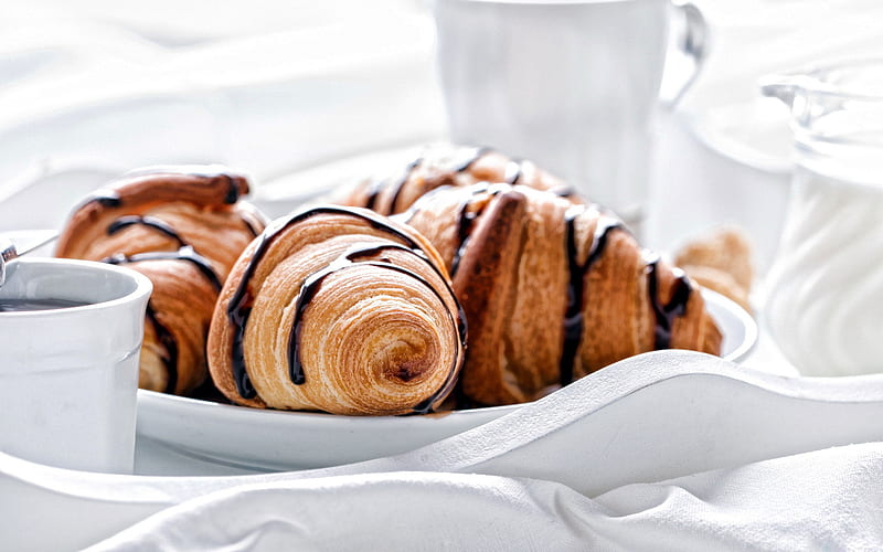 croissants, breakfast, white cup of coffee, pastries, chocolate croissants, HD wallpaper