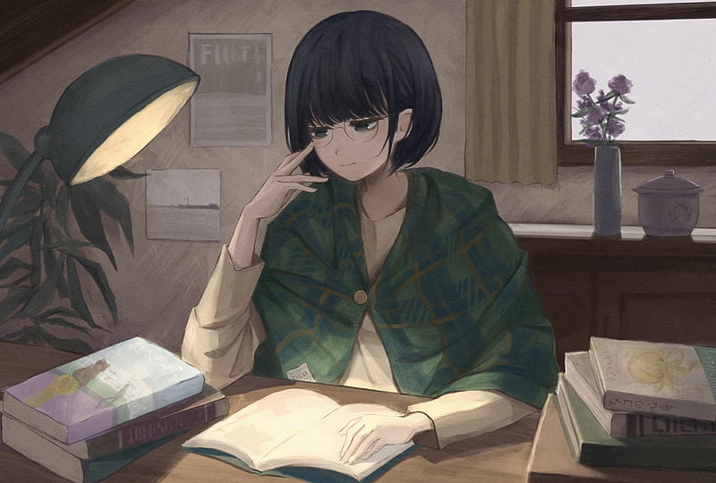 girl, glasses, books, reading, anime, art, HD wallpaper