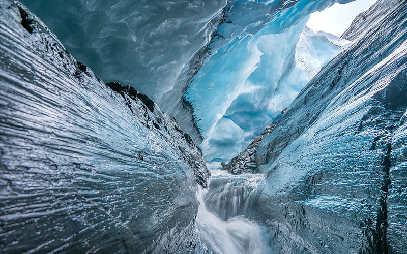 Worthington Glacier, Alaska, USA, blocks of ice, river, water, HD wallpaper