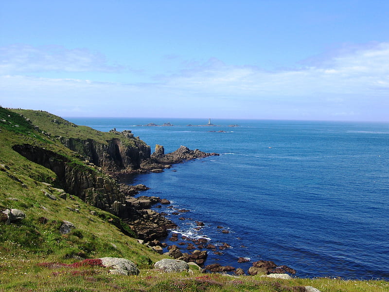 Lands End Cornwall, lands end cornwall lighthouse ocean sea grass rocks, HD wallpaper