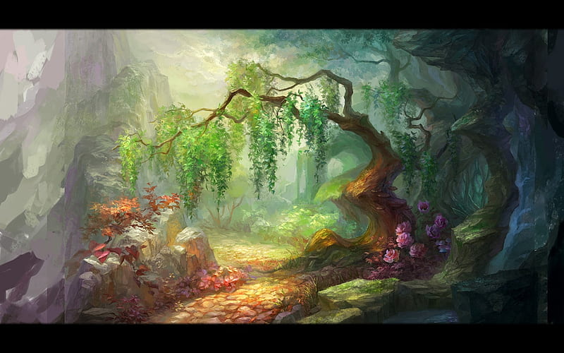 Tree, world, art, fantasy, hrfleur, green, luminos, papaya, HD wallpaper