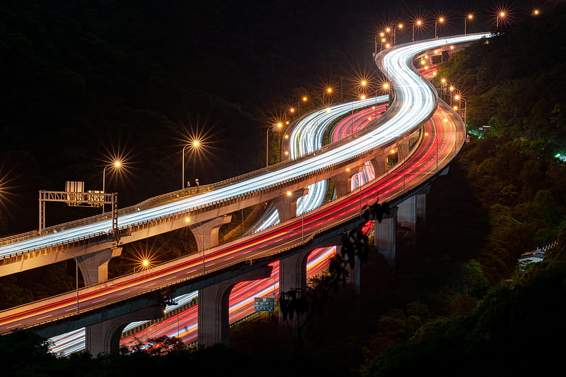 overpass, road, light, night, long exposure, HD wallpaper