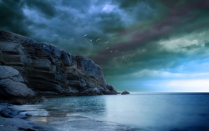 Approaching Dark Storm, dark, ocean, storms, clouds, forces of nature, sky, sea, HD wallpaper