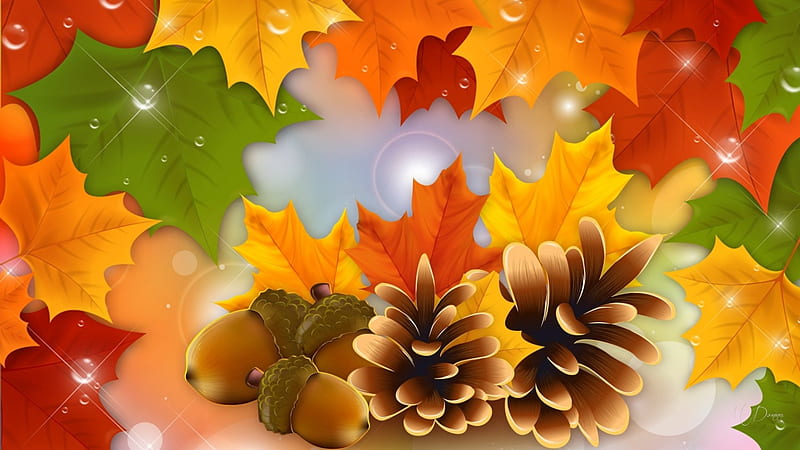 Precious Autumn, stars, fall, autumn, harvest, glow, acorns, shine, leaves, Thanksgiving, season, dew drops, pinecones, Firefox Persona theme, HD wallpaper