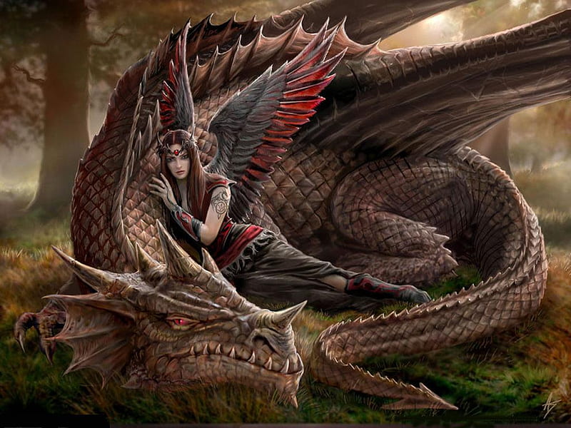 hermoso idilio, fantasy, dragon, mistico, HD wallpaper