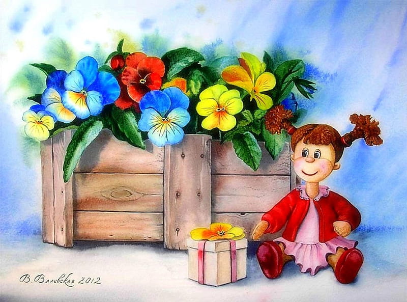 ★A Doll with a Gift★, pretty, softness beauty, seasons, still life, paintings, flowers, woonden crates, artworks, lovely, colors, love four seasons, creative pre-made, butterflies, abstract, doll, weird things people wear, summer, gifts, watercolor, HD wallpaper