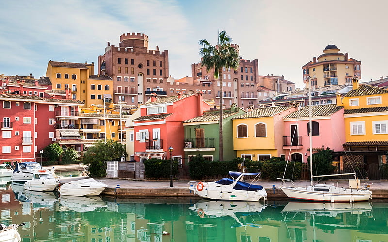 Port Saplaya, Spain, travel, Valencia, Balearic Sea, Mediterranean Sea, summer, embankment, yachts, boats, Alboraya, HD wallpaper