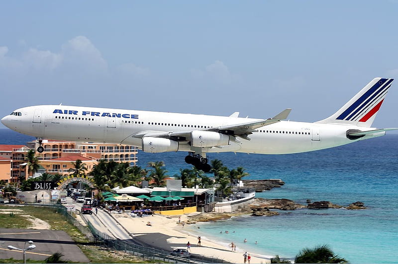 St Maarten Landing, air france, island, st maarten, caribbean, HD wallpaper