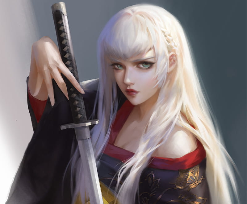 Samurai girl, samurai, girl, luminos, katana, hand, sword, art, user b29eee4644206817, blonde, kimono, fantasy, HD wallpaper