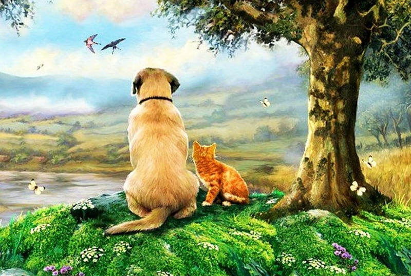 Lookout, tree, painting, cat, looking, artwork, dog, landscape, HD wallpaper