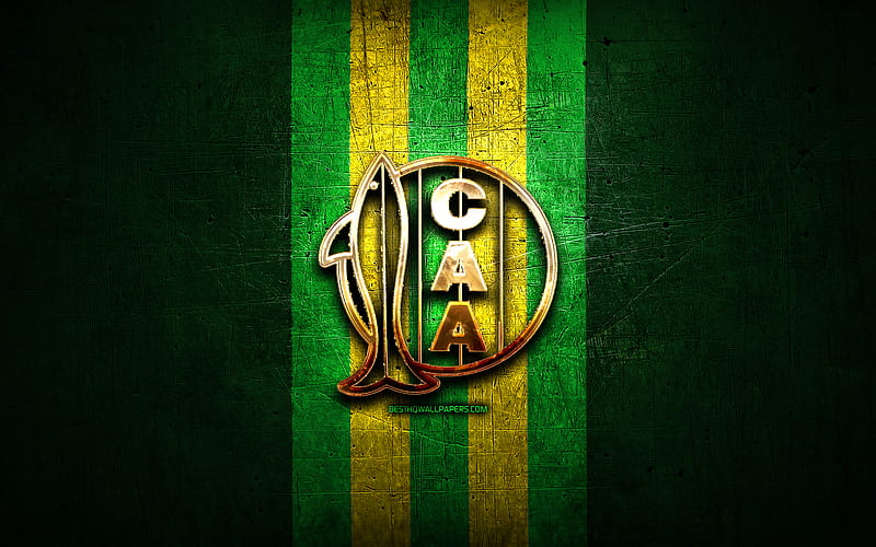 Aldosivi FC, golden logo, Argentine Primera Division, green metal background, football, CA Aldosivi, argentinian football club, Aldosivi logo, soccer, Argentina, HD wallpaper