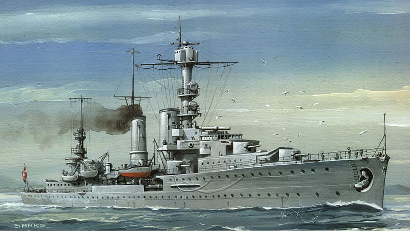German Cruiser Emden, art, german, cruiser, ocean, emden, sea, boat, ship, drawing, painting, military, light, HD wallpaper