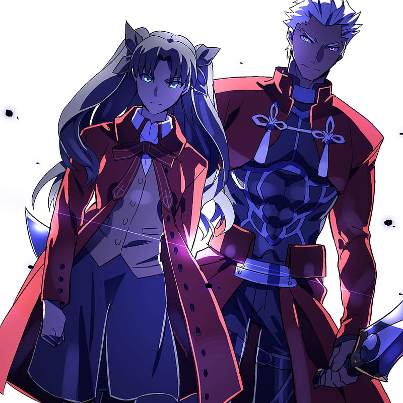 Fate Series, Fate/Stay Night, Fate/Stay Night: Unlimited Blade Works, anime girls, anime boys, school uniform, red jackets, dagger, 6-pack, simple background, muscles, twintails, dark skin, black ribbons, red coat, blue eyes, JK, 2D, Archer (Fate/Stay Night), Tohsaka Rin, short hair, white hair, long hair, black hair, long sleeves, looking at viewer, fan art, anime, gray eyes, HD phone wallpaper