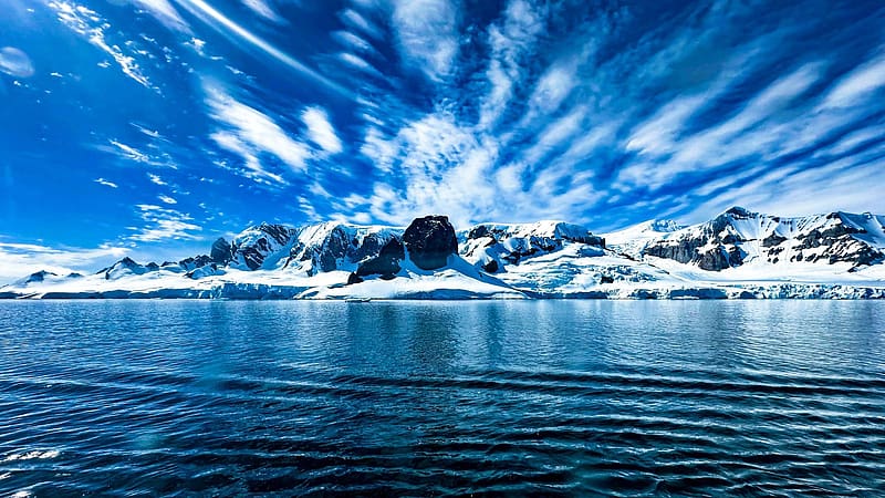 Mountains Near Cuverville Island, Antarctica, water, sky, clouds, ice, sea, rocks, HD wallpaper