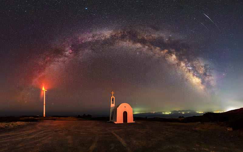 Starry Sky Milky Way Church Crete Greece, HD wallpaper