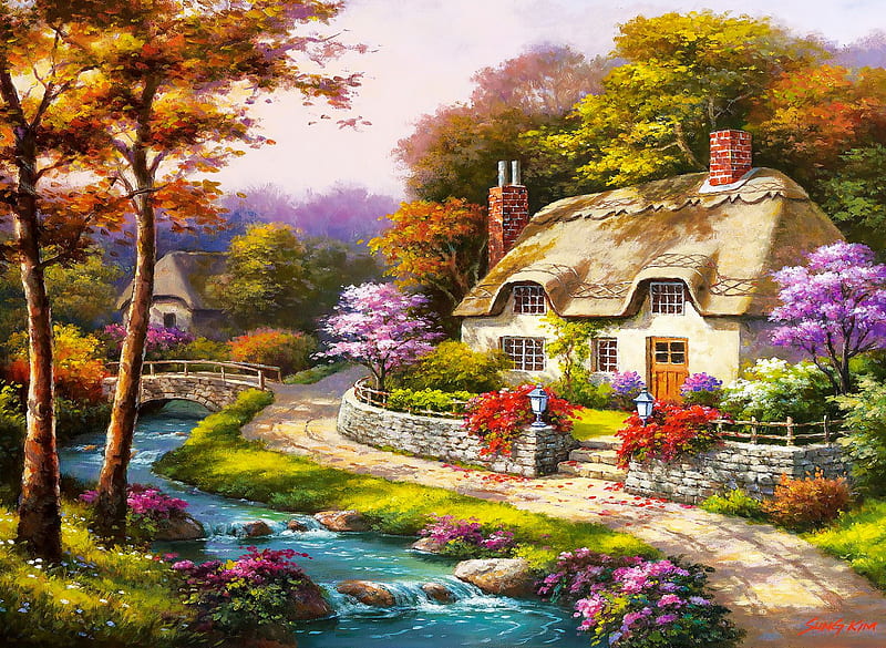 Spring cottage, cottage, bridge, Sung Kim, bonito, spring, trees, art, countryside, village, river, HD wallpaper