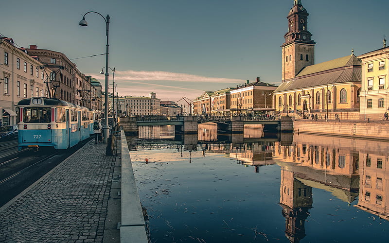 Gothenburg, beautiful Swedish city, sunset, river, bridge, cityscape, Sweden, HD wallpaper