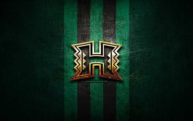Hawaii Rainbow Warriors, golden logo, NCAA, green metal background, american football club, Hawaii Rainbow Warriors logo, american football, USA, HD wallpaper