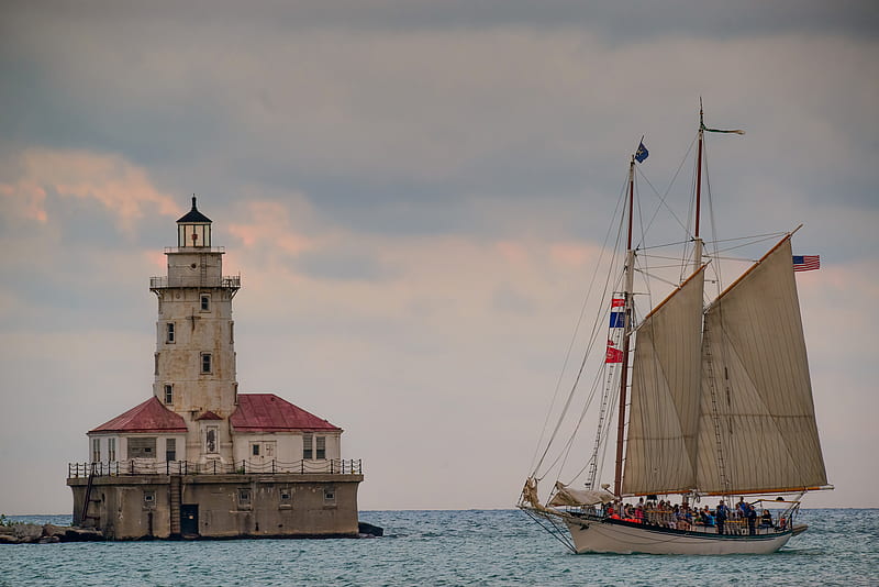 Vehicles, Sailing Ship, Chicago, Illinois, Lake, Lake Michigan, Lighthouse, Sailboat, Schooner, Tall Ship, HD wallpaper