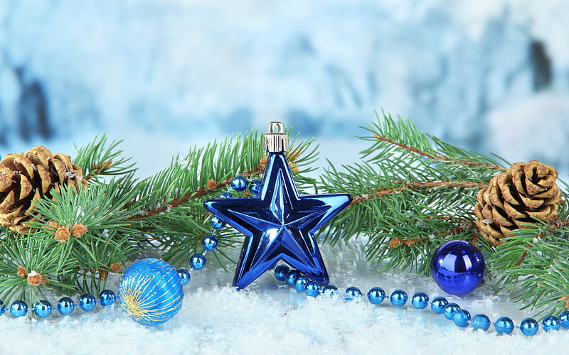New Year, blue star, Christmas, snow, decoration, Merry Christmas, HD wallpaper
