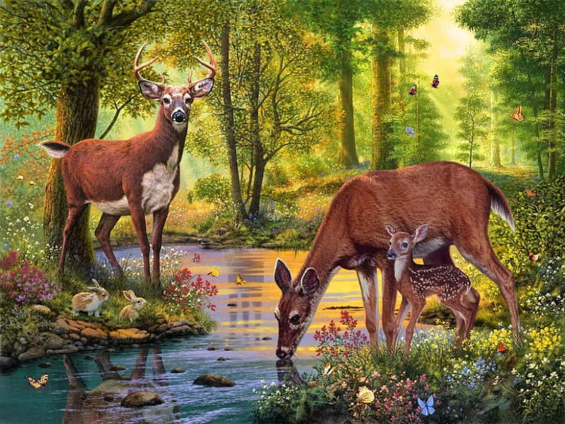 Woodland stream, stream, pretty, grass, bonito, painting, flowers, river, deers, animals, art, forest, quiet, calmness, lovely, creek, serenity, paradise, peaceful, nature, woodland, HD wallpaper