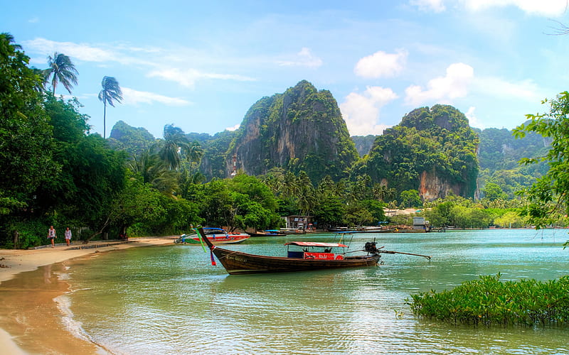 tropical island, beach, tropical forest, Thailand, rocks, sea, tourism, boat, HD wallpaper