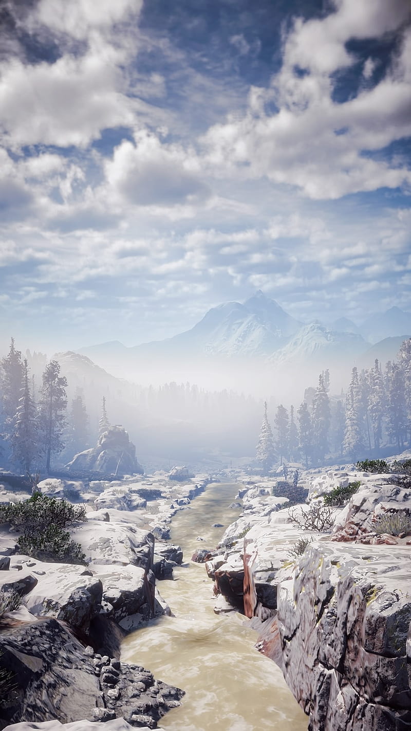 River HZD, dawn, game, playstation, ps4, river, snow, zero, HD phone wallpaper