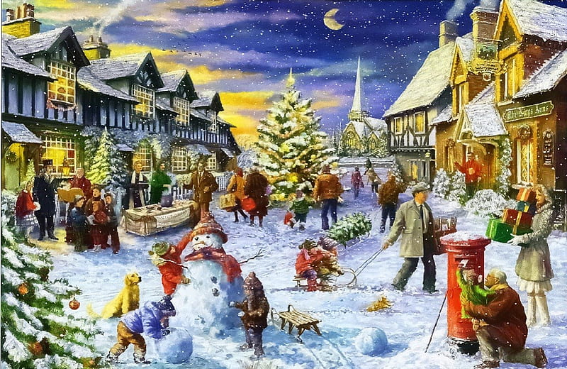 Main Street, christmas, snow, shops, snowman, trees, street, winter, HD wallpaper