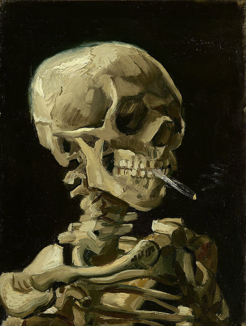 Skeleton Smoking, anatomy, art, bones, fire, skeleton, skull, skulls, smoking, van gogh, HD phone wallpaper