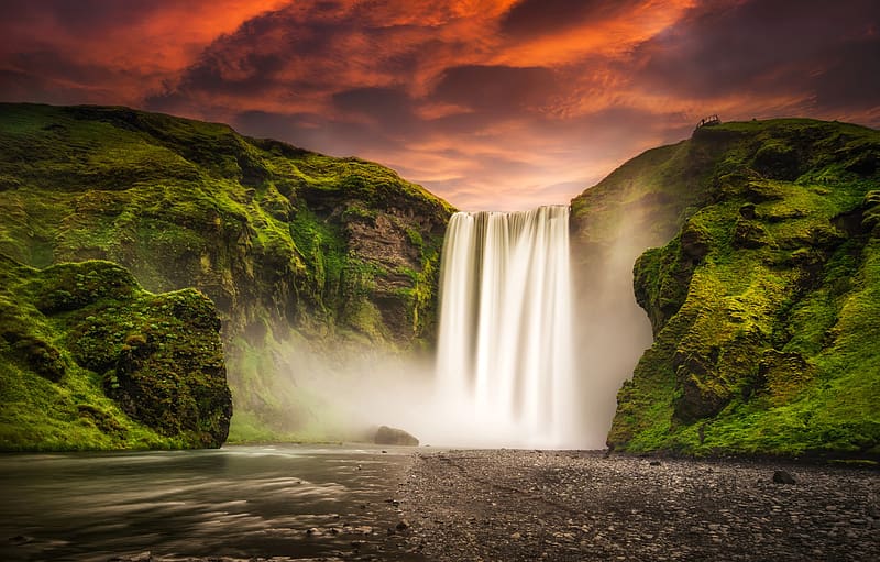 Sunset, Waterfalls, Waterfall, , Glow, Iceland, Skógafoss, HD wallpaper