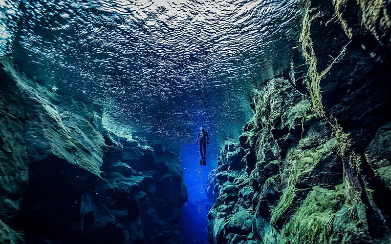 Iceland, diving, underwater, rocks, diver, HD wallpaper