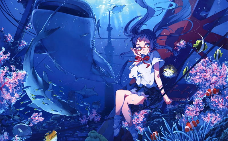 Life can be so amazing!, pretty, fish, wail, magic, sweet, amagical, lights, nice, fantasy, anime, bubbles, beauty, anime girl, underwater, twintail, coral, wires, cute, shark, water, cool, awesome, glasses, bonito, animal, dream, blue eyes, female, turtle, smile, school girl, dolphin, blue hair, whale, uniform, magical, HD wallpaper