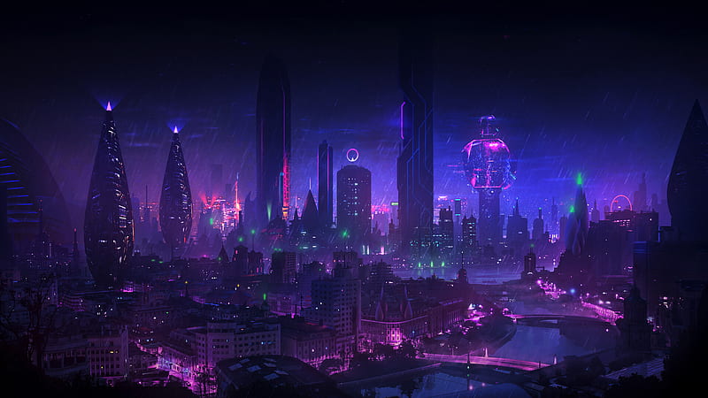 Download wallpaper 1366x768 city, futurism, cyberpunk, sci-fi, dark tablet,  laptop hd background