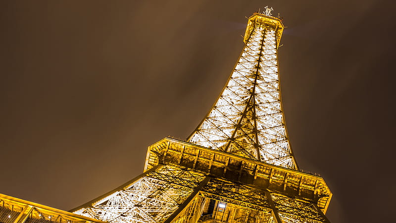 Upward View Of Paris Eiffel With Yellow And White Lightings Tower Travel, HD wallpaper