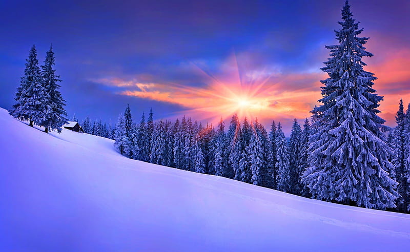 Winter, Nature Ultra, Seasons, Winter, Nature, Landscape, Sunset, Mountain, Snow, HD wallpaper