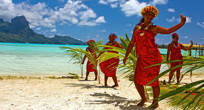 Tahitian Women dance on Beautiful Island Paradise beach in Bora Bora Tahiti Polynesia, dancers, polynesia, french, clouds, women, atoll, garland, lagoon, hula, beach, ceremony, aqua, flowers, dances, luxury, islands, tahitian, ocean, pacific, sky, south, water, society, paradise, dance, seas, perfect, woman, sea, bora bora, sand, exotic, clear, escape, luau, island, polynesians, tropical, tahiti, HD wallpaper