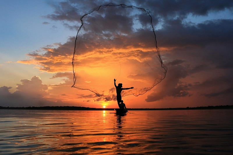 Thailand Sea Fishing, Sea, Sky, Thailand, Clouds, Sunrises and sunsets, Silhouette, Fishing, Nature, HD wallpaper